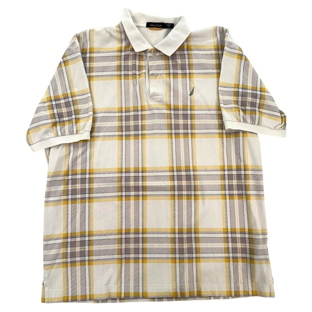 Nautica Polo Shirt Mens XL Yellow Gray White Plaid Y2K Preppy‎ Streetwear